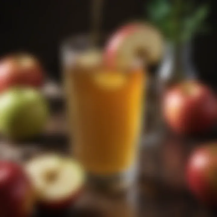 A close-up of a glass of apple cider vinegar with fresh apples