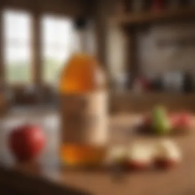 A bottle of organic apple cider vinegar on a wooden kitchen counter