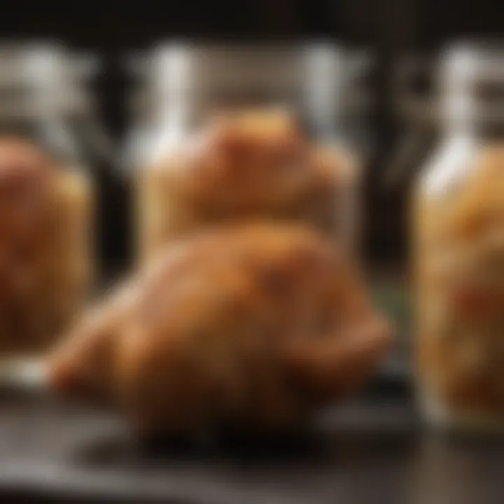 An array of prepared chicken breast rubs in jars