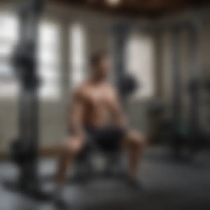 An individual performing an exercise using a bench and weights in a power rack