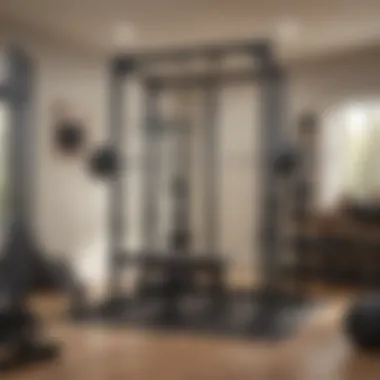 A well-organized home gym featuring a power rack, weights, and benches