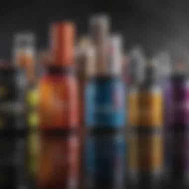 Diverse Pre-Workout Supplements A vibrant display of various pre-workout supplements in different containers