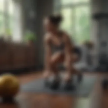 A person exercising with free weights in a cozy home environment