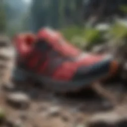 A vibrant pair of trail running shoes on a rocky path