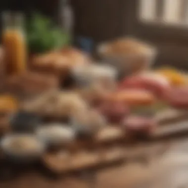 Diverse Protein Sources A vibrant spread of various protein sources on a wooden table.