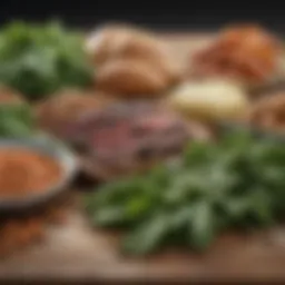 Close-up of healthy food choices including leafy greens and lean proteins