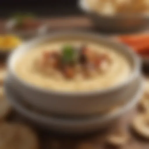 A close-up of a bowl of hummus garnished with olive oil and spices