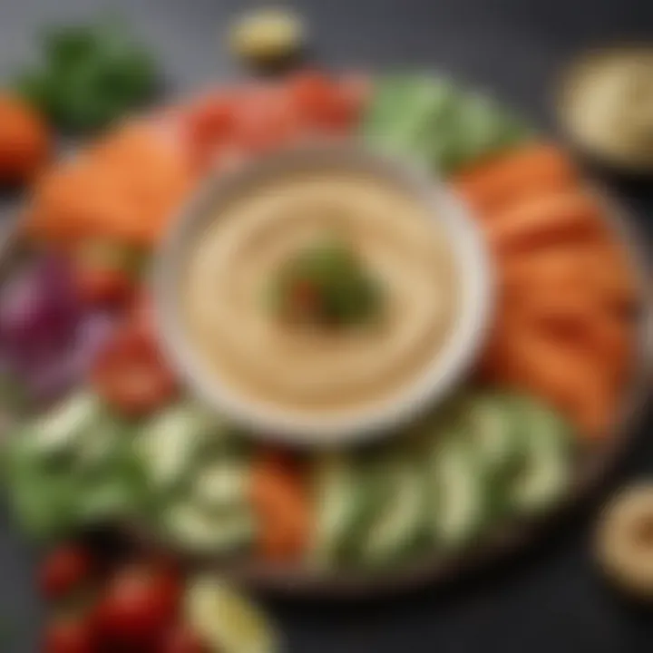 An array of hummus varieties displayed with fresh vegetables