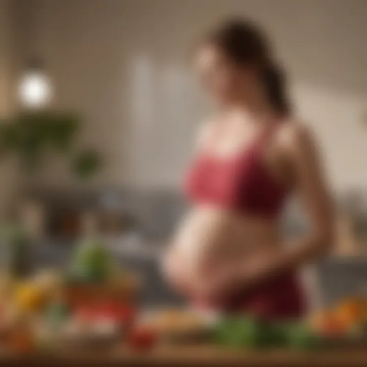 A serene prenatal scene showcasing a pregnant individual with healthy food choices