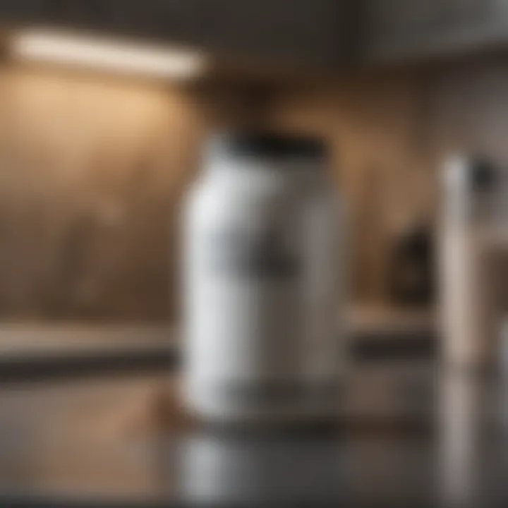 A sleek container of protein powder on a kitchen counter