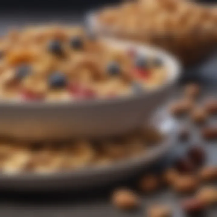 Colorful fruits and nuts next to healthy cereal options