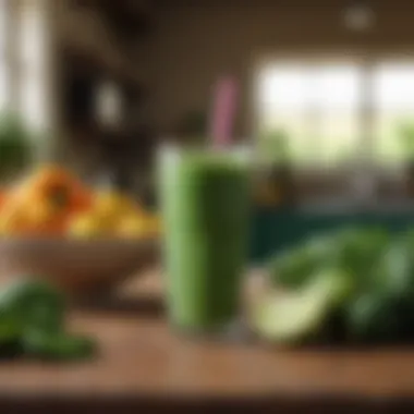 A serene setting with a glass of green detox juice surrounded by fresh produce